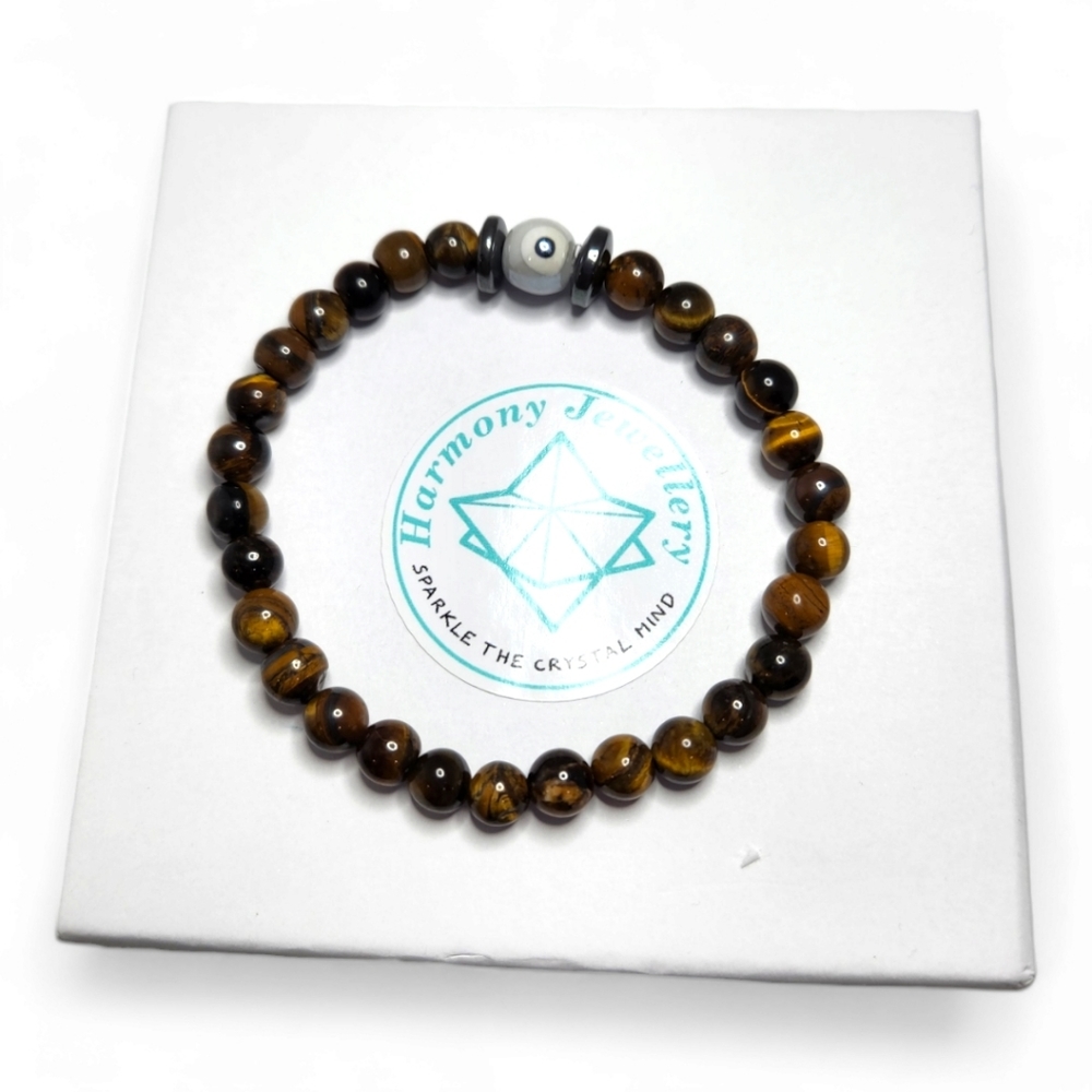 6 mm Tiger Eye, Evil eye charm bracelet